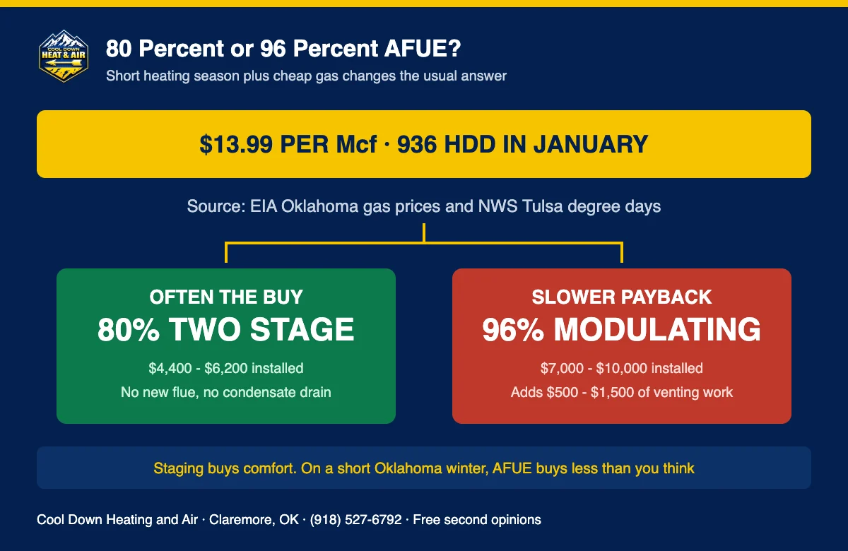 Chart comparing 80 percent and 96 percent AFUE furnace costs for Claremore Oklahoma