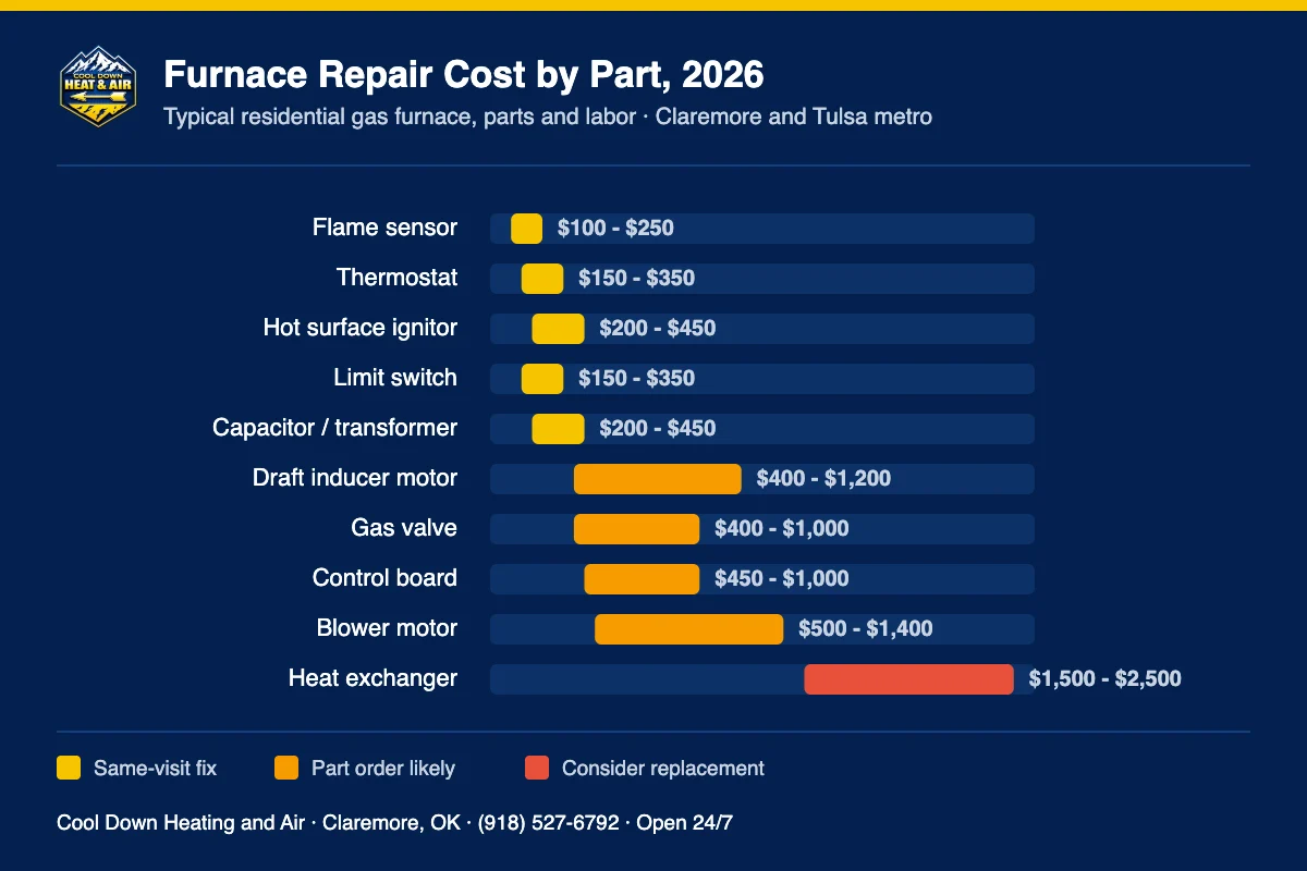 Chart of 2026 furnace repair costs by part for Claremore Oklahoma homeowners