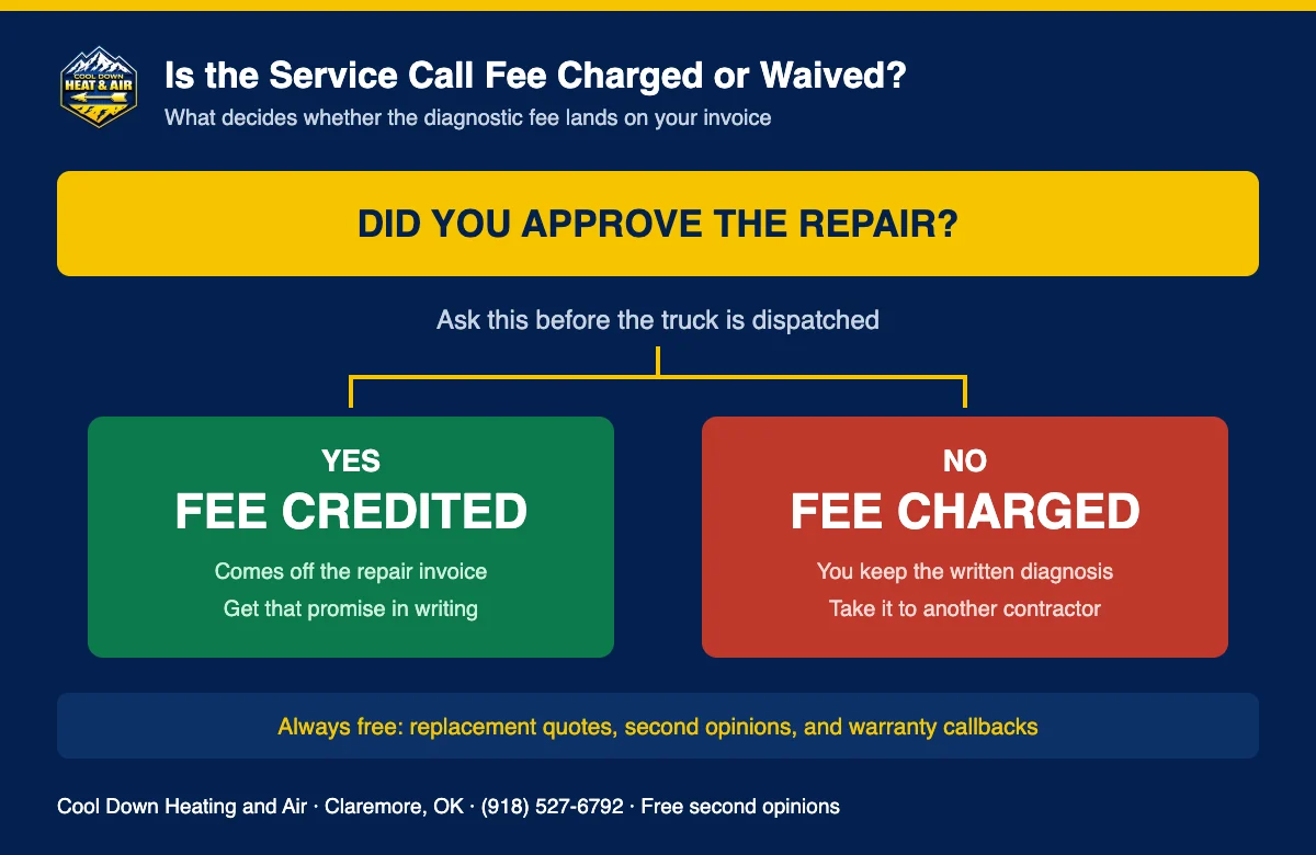 Decision chart showing when an HVAC service call fee is waived or charged in Claremore Oklahoma