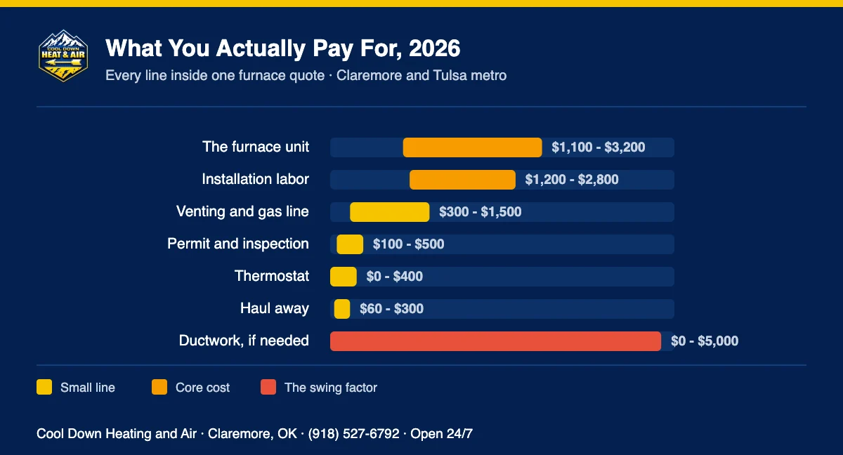 Chart of 2026 new furnace quote line items for Claremore Oklahoma homeowners